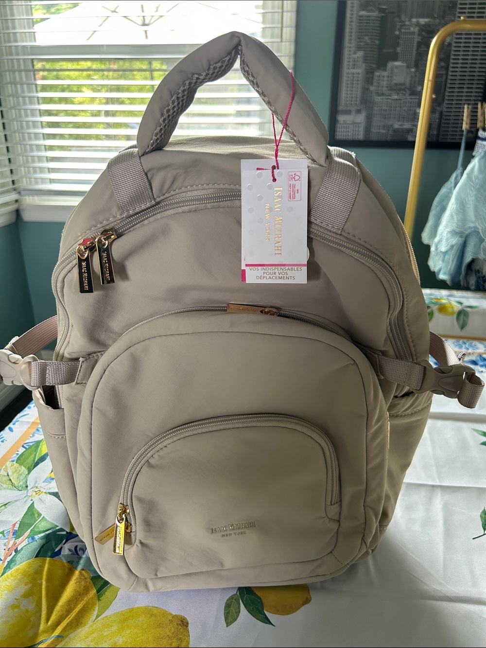 Isaac Mizrahi NY Neutral Taupe Backpack With insulated pouch and laptop sleeve